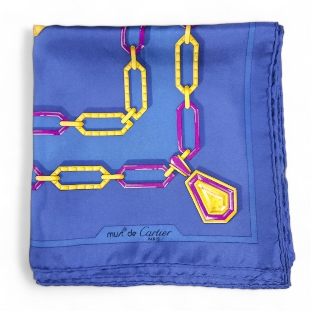 Pristine CARTIER Silk Twill Scarf 90cm Blue Square 35" + Horsebit Scarf Ring - Picture 9 of 13